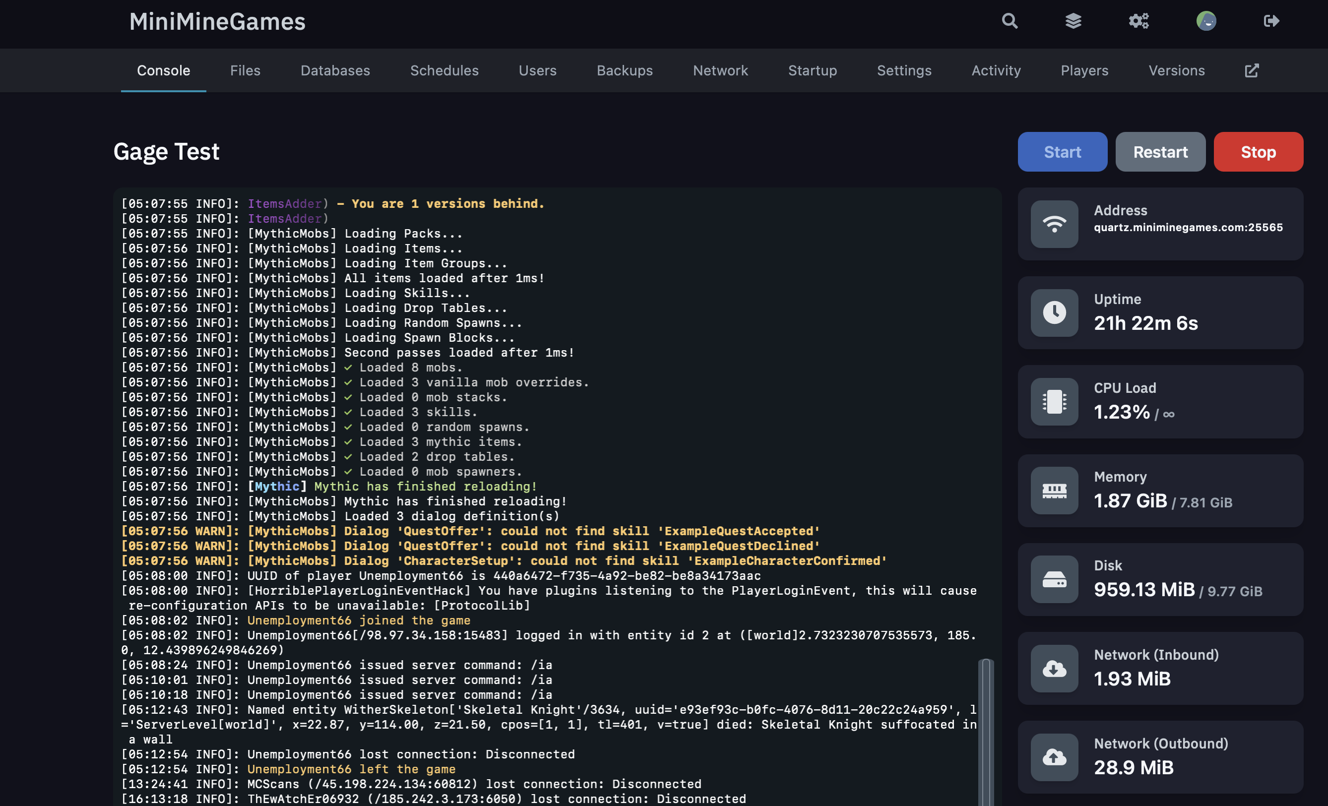 NetherHost Pterodactyl panel console and resource dashboard